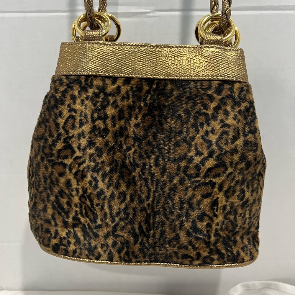 Brown and Gold Animal Print Shoulder Bag with Gold Accents, Brand: Tianni